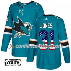 Adidas Maillot de Hockey San Jose Sharks Martin Jones 31 2017-2018 Teal USA Flag Fashion Authentic - Enfant